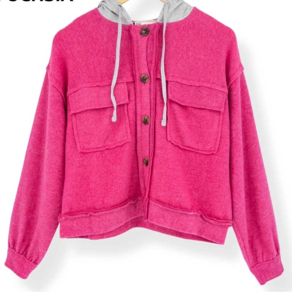 Zenana Pink Button-Up Hoodie Jacket